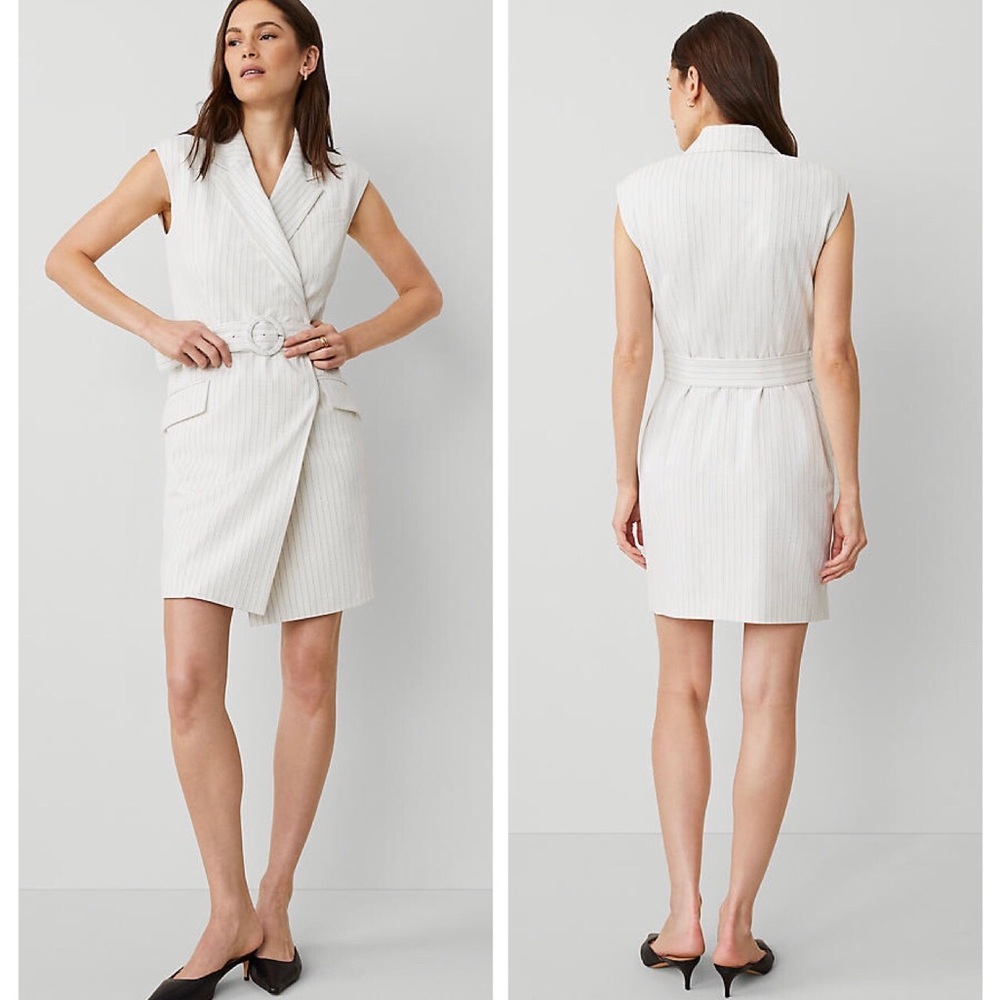 Ann Taylor Striped Lapel Textured Belted Sleeveless Ivory Sheath Dress size 8